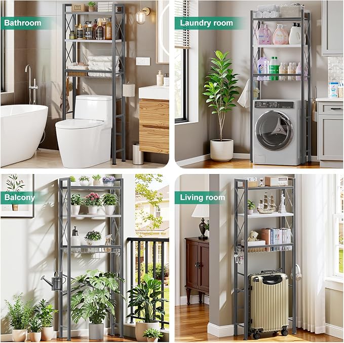 Kalrin Over The Toilet Storage with X Shape Side Guardrail, 3-Tier Over Toilet Storage Rack with Drain Basket, Freestanding Bathroom Organizer for Balcony Laundry, Grey-White