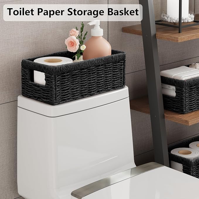 Vagusicc Wicker Storage Basket, Set of 2 Hand Woven Wicker Baskets for Organizing with Handles, Decorative Small Storage Bins for Countertop Toilet Paper Basket for Toilet Tank Top, Shelves, Black