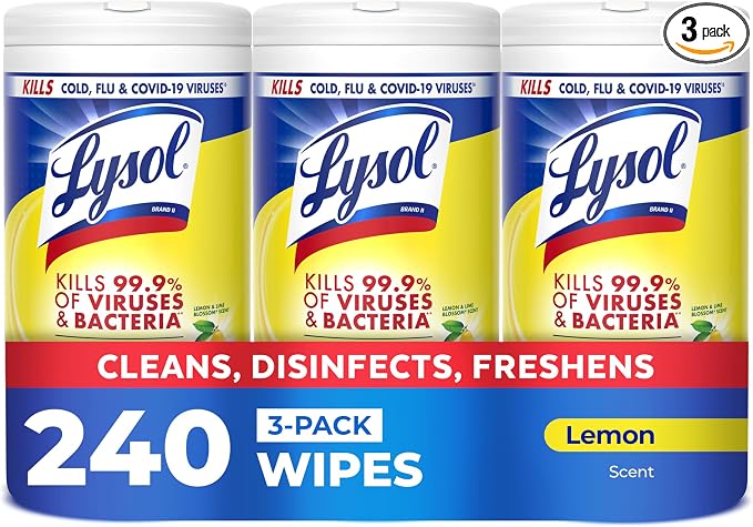 Lysol Disinfecting Wipes, Multi-Surface Cleaner, Lemon, 80 ct. (3 Pack) | All Purpose Cleaner, Sanitizing, Deodorizing, Apartment Essentials, Back To School Cleaning Supplies, Kitchen & Bathroom Wipe