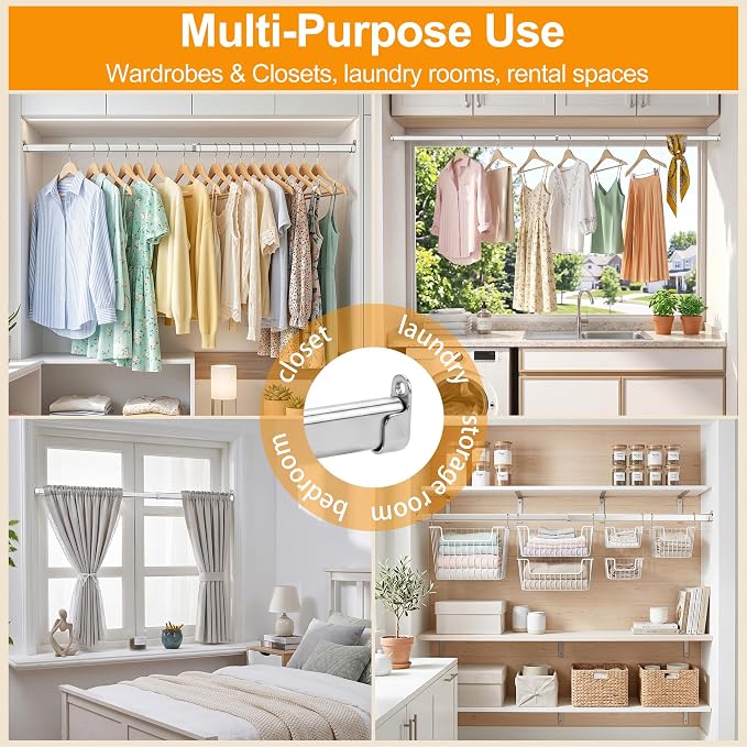 Closet Rods for Hanging Clothes, 24 to 47 Inches Stepless Extendable Stainless Steel Closet Pole, Heavy Duty Clothes Rod for Closet Wardrobes Laundry RV, Flat Oval, Chrome