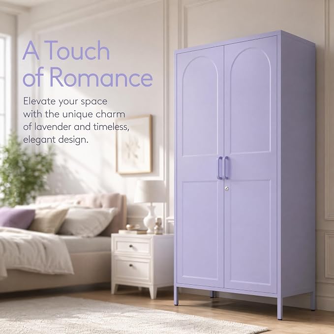 Metal Wardrobe with Lock 67"Clothing Steel Storage Cabinet Locker Hanging Rod And Adjustable Shelves 2 Doors Household kids wardrobe closet Lockers For Bedroom Home Purple Size:67"H X 31.5"W X 18.1"D