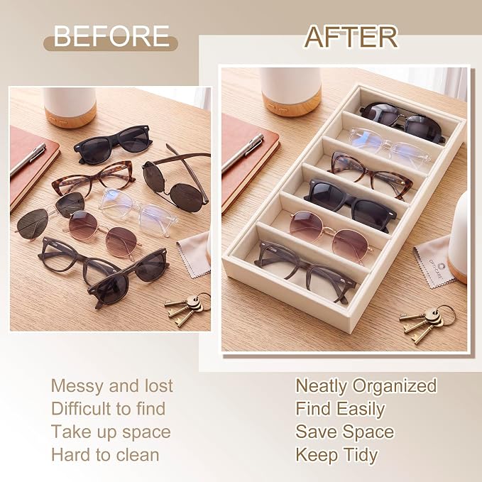 Juexica 4 Pcs Velvet Sunglasses Organizer Tray 6 Grid Sunglass Organizer Velvet Tray Stackable Glasses Display Case for Women Glasses Jewelry Display Watch (Beige PU)
