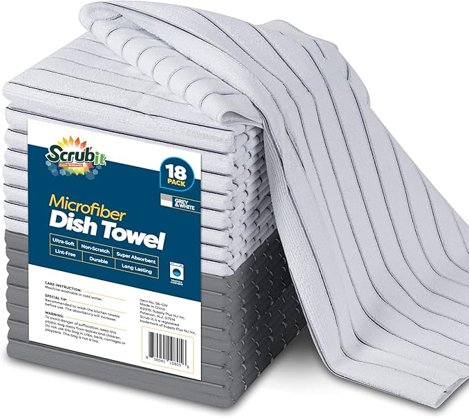 SCRUBIT Microfiber Kitchen Towels [18 Pack] 18" x 26" Absorbent & Durable Dish Towels - Grey & White