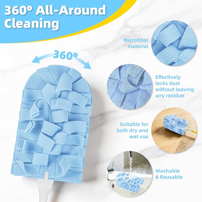 6 PCS Reusable Duster for Swiffer, Washable 360 Fleece Duster Refills for Fans, Floors, Blinds, Windows (Include 1 Handle & Laundry Bag)