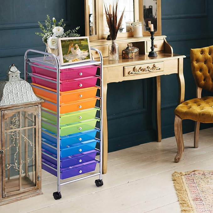 LDAILY 10-Drawer Rolling Storage Cart, Rolling Storage Cart, Storage Organizer on Wheels, Metal Frame, Scrapbook Paper Tools, Suitable for Office School, Classroom (Rainbow, 10 Drawer)