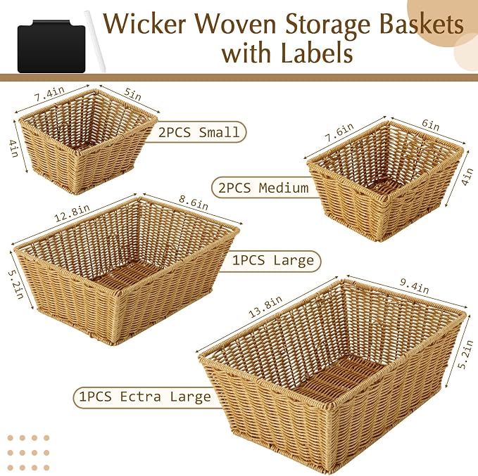 Marsui 6 Pcs Wicker Storage Baskets for Pantry Organization with Labels Handwoven Multi-size Natural Wicker Storage Bins for Organizing Small Baskets Container for Shelves Closet Toilet
