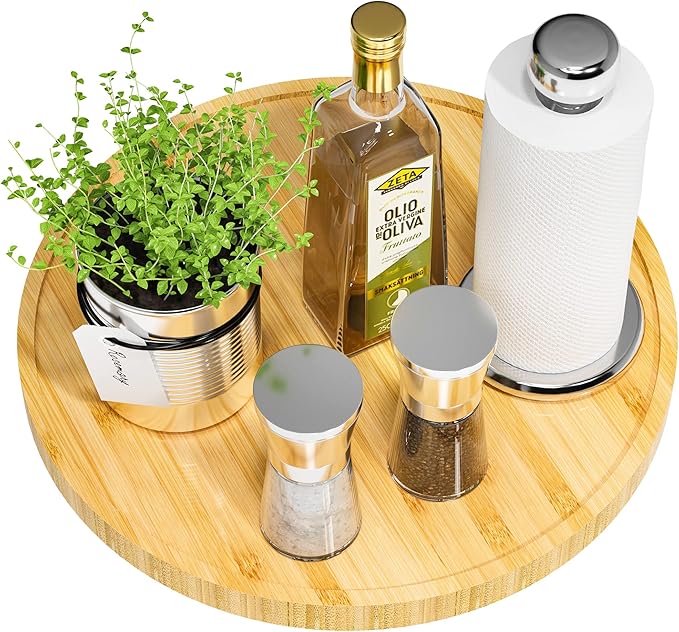 Lazy Susan for Table, 12 Inch Non-Skid Bamboo Turntable Organizer | Salt Pepper Spices and Olive Oil Next to Stove, Wooden Lazy Susan Organizer for Kitchen Countertop Organizer