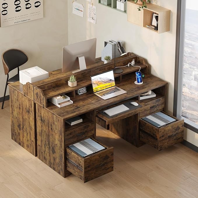 Bestier 59" Executive Desk with Charging Station & Monitor Stand, Brown | Farmhouse Wood Computer Desk with Drawers, Home Office Desk with Keyboard Tray, Sturdy Pedestal Desk for Work Study