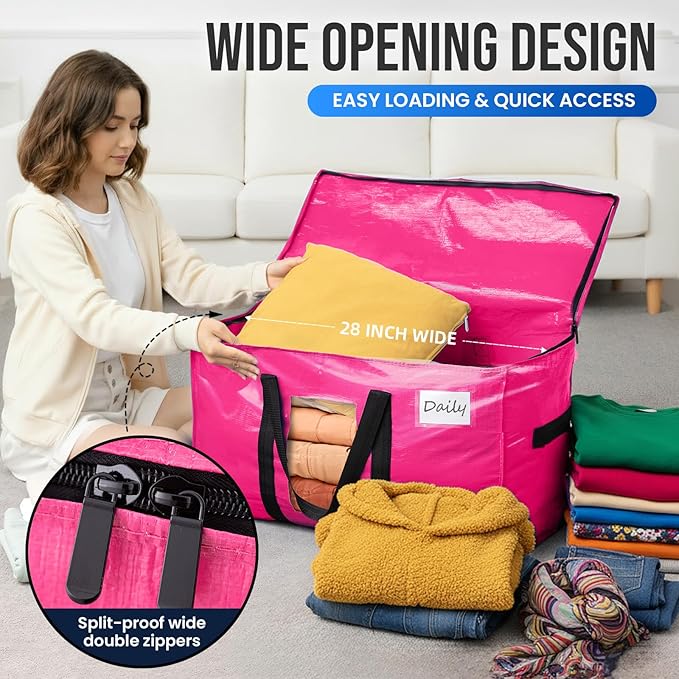 TAILI 4 Pack Pink Extra Large Moving Bags, Heavy Duty Totes with Visible Window, Wrap Around Handles, Great for Storage, Space-Saving