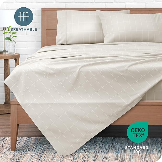 Bare Home Twin XL Sheet Set - College Dorm Size - Luxury 1800 Ultra- Soft Double Brushed Microfiber - Deep Pockets - Easy Fit - 3 Piece Bedding Sheet Set (Twin XL, Grid - Stone/White)
