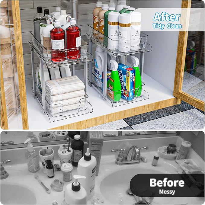 SuoXing 2 Pack 2 Tier Under Cabinet Bathroom Storage,Large 12.4″ Deep Under Sink Organization With Dividers,Clear Pull Out Organizers for Kitchen,Undersink Storage for Hair Products,Towel and Makeup