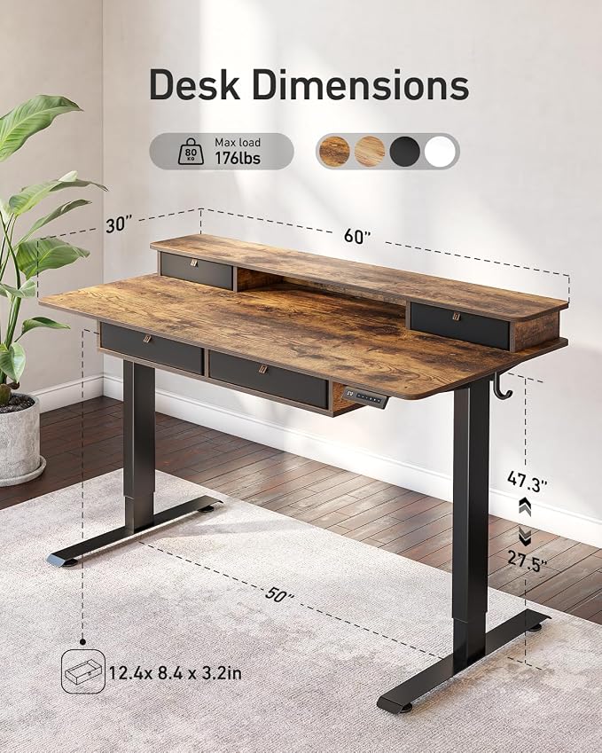 FEZIBO 60 x 30 inch Standing Desk with Drawers, Height Adjustable Electric Workstation, Computer Sit Stand Up Table with Large Storage Shelf 4 Drawers and 2 Hooks, Rustic Brown