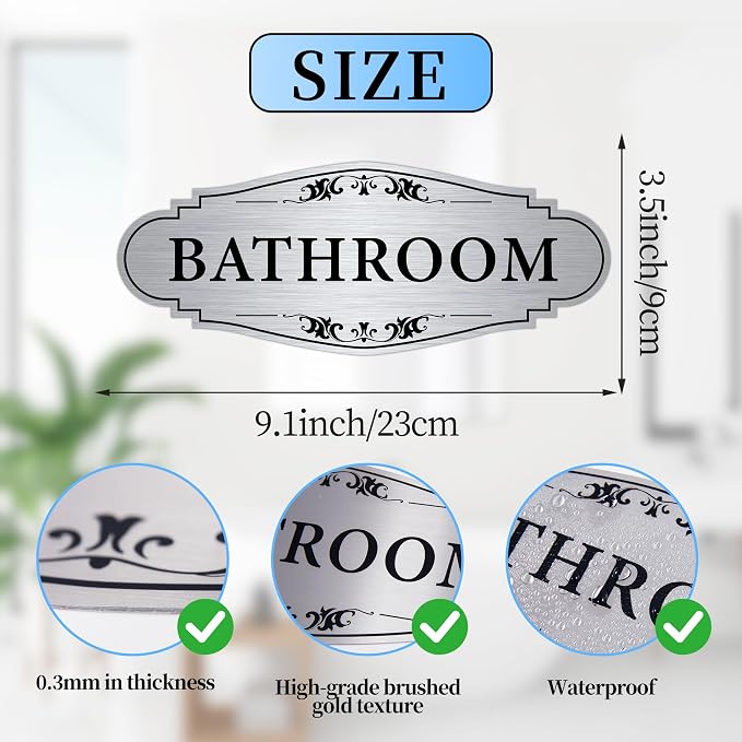 Bathroom Sign Sticker for Business and Home，Self-adhesive Brushed Silver Cute Bathroom Decor for Door，Waterproof Vinyl Restroom Sign for Home，Office，Shop（Silver）