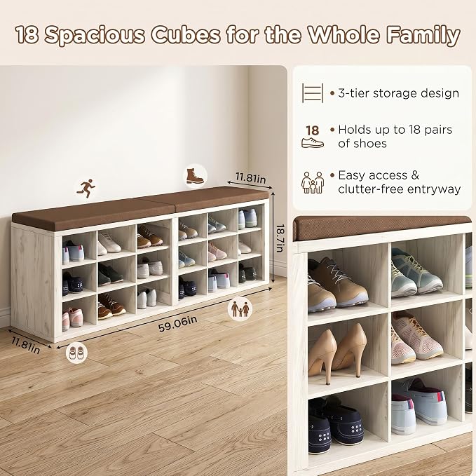 Shoe Storage Bench with Padded Seat, 18-Cubby Shoe Organizer for Entryway, 59.1" Long 700 lb Capacity, for Living Room, Bedroom, Hallway (Whiteboard with Warm Earthy Brown, Linen, Sponge)