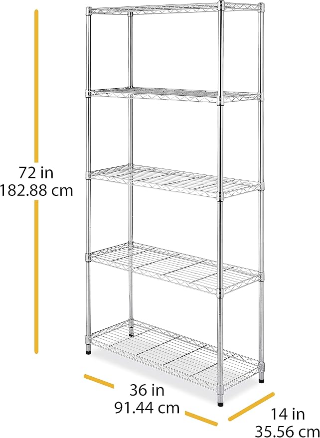 Whitmor 5 Tier Shelving Unit, Metal Storage Shelves, 400 lbs Capacity per Shelf, 2000 lbs Total, Adjustable Heavy Duty Shelf, Easy Assembly for Kitchen, Garage, Plant, 36"L x 14"W x 72"H, Chrome