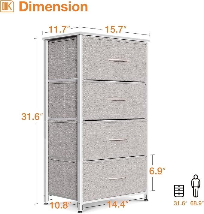ODK Small Dresser for Bedroom with 4 Storage Drawers, Light Grey | Dresser Chest of Fabric Drawers with Sturdy Steel Frame for Small Space, Wood Top