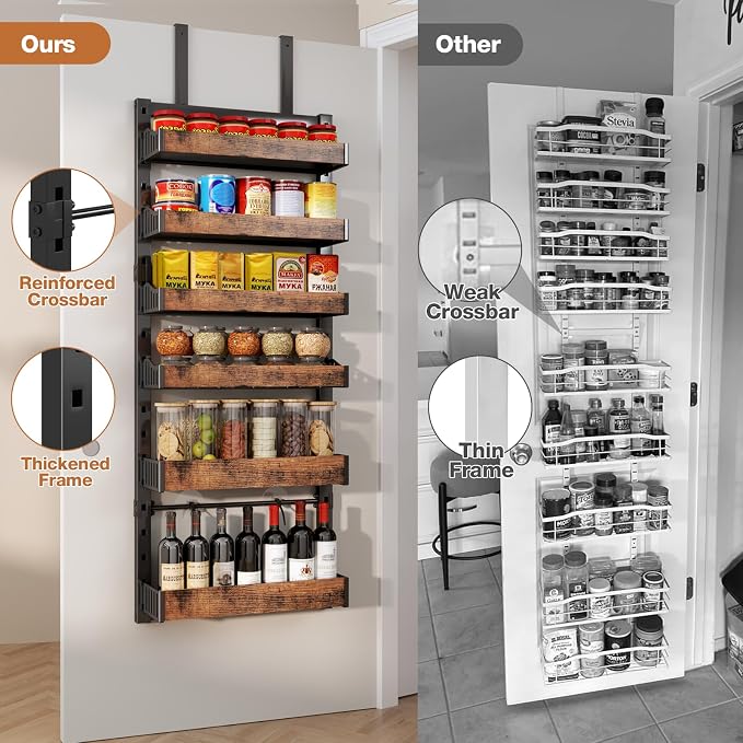 6-Tier Over The Door Pantry Organizer, Heavy-Duty Metal Wall Mount or Hanging Spice Rack, behind the door storage Shelves with Adjustable Basket, Back of Door Organizer for Kitchen Cabinet and Closet