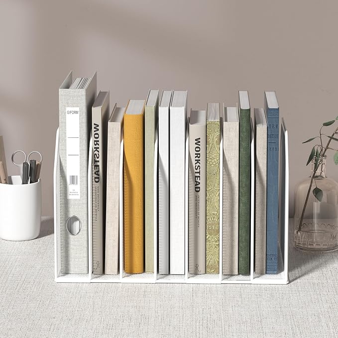 FANXIYQ White 7-Section File Folder Organizer for Desk, Metal Vertical File Holder Stand, Desktop File Organizer Rack for Letter/A4 Folders, Papers, Books, Office Classroom Home
