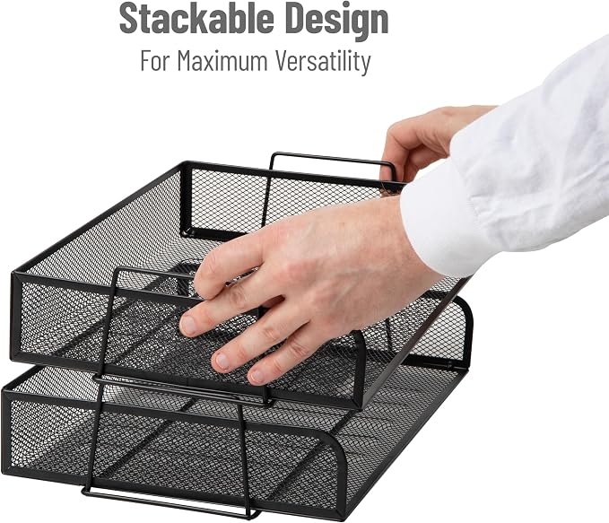 Mind Reader Stackable Paper Tray, Desktop Organizer, File Storage, Office, Metal Mesh, 13.25" L x 9.75" W x 6.25" H, 2 Pcs., Black (Pack of 8)