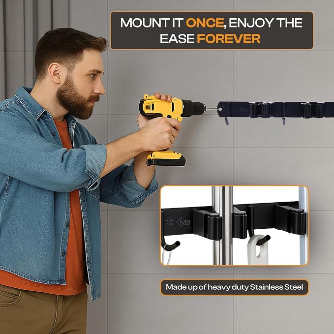 Heavy-Duty Stainless-Steel Broom Holder Wall Mount with 3 Racks and 4 Hooks | Waterproof Mop and Broom Hanger | Adjustable, Garage & Garden Tool Organizer | Black