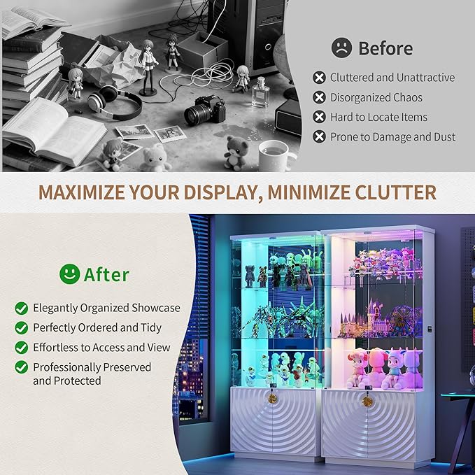 Lvifur 71'' Display Cabinet with Glass Doors,4-Tier Curio Cabinet with 3-Color Lights for Collectibles,Lockable Glass Display Case Human Body Sensor,Tall Bookcase w/Shelves&Drawers,White