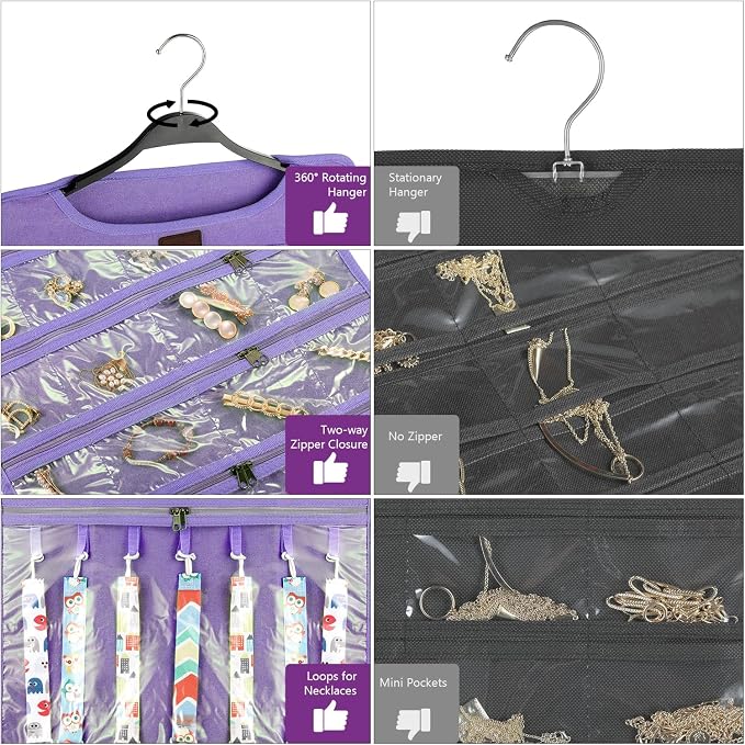 SMRITI Hanging Jewelry Organizer with Dual Zippered Pockets Canvas Double Sided Rotating Hanger Necklace Hanging Wall Organizer Earring Dustproof Holder Wall Mount Accessories Display Bag(Purple)
