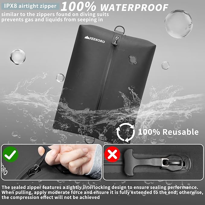 Vacuum Bag for Travel, Professional IPX8 Waterproof Reusable Vacuum Compression Bags for Travel Suitcases, Durable Space Saver Bag(3 PACK,With Pump)