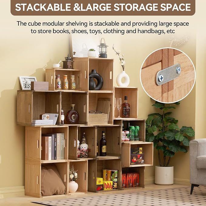 KIRIGEN Stackable Wood Storage Cube with Handles, Open Cubby Bin, Natural | Open-Front Wooden Box Crate for Books, Clothes, Shoes, Closet Storage, and Display for Home Office, Assembly Required C5-NA