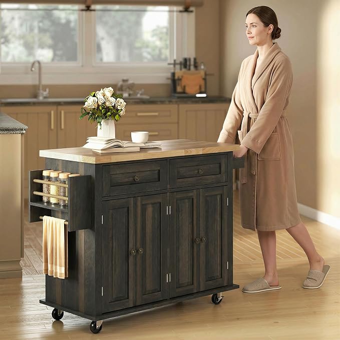 HOMCOM Kitchen Island Cart with Solid Wood Top, 44" Mobile Kitchen Island Table on Wheels with Storage Cabinets, 2 Drawers, Adjustable Shelves, Spice Rack & Towel Bar for Dining Room, Brown Oak
