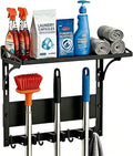 MUTUACTOR Heavy Duty Magnetic Broom Holder,Anti-slip Magnetic Tool Rack with Top Utility Shelf, Easy Assembly Broom Mop Organizer for Refrigerator Metal Cabinet Laundry Room Kitchen,3-Clamps 4-Hooks
