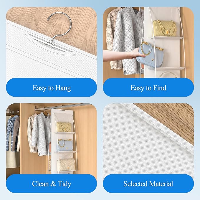 2 Packs 8 Pockets White Handbag Hanging Purse Organizer for Closet, Purse Storage, Purse Hanger and Handbag Organizer for Space Saving