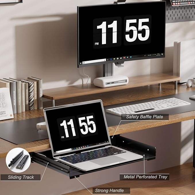 Under Desk Laptop Drawer, 22.8'' Wide Pull-Out Tray – Metal Perforated Bottom for Heat Dissipation, Sliding Track, Under-Desktop Storage for Laptop & Accessories