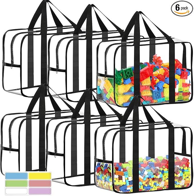 6 Packs XXL Toy Storage Bags 16.5×11.8×6.8In with Labels, Large Capacity Reusable Clear PVC Board Game Storage, Travel Waterproof Organizer Bags with Zipper