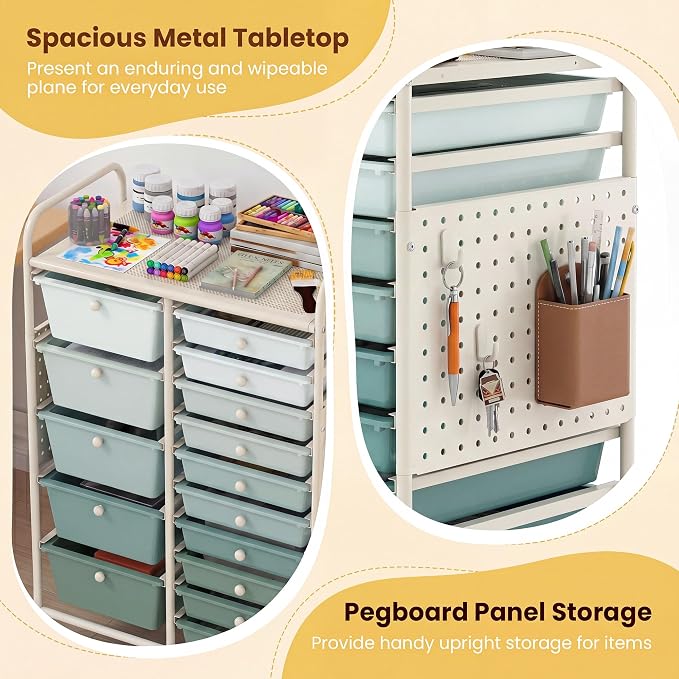 DREAMADE 15-Drawer Rolling Storage Cart, Craft Cart, Gradient Green | Mobile Utility Cart with Metal Pegboard Panels, Tabletop and Lockable Wheels for Classroom, Office, Studio and Playroom