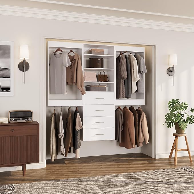 ROOMTEC Modular Closet System, 78" Wall-Mounted Closet Organizer with Drawers and Hanging Rods, Wooden Tower for Walk-In Closets, Wardrobe Storage Kit, White