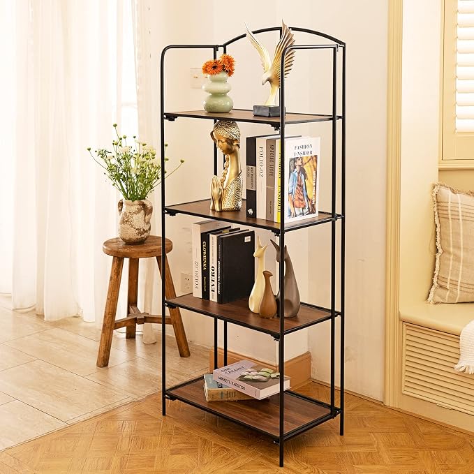 Crofy 4-Tier Foldable Bookshelf, Black Frame & Walnut Shelves | No-Assembly Collapsible Portable Storage Organizer; Sturdy Walnut Finish Shelves; Ideal for Living Room & Home Office