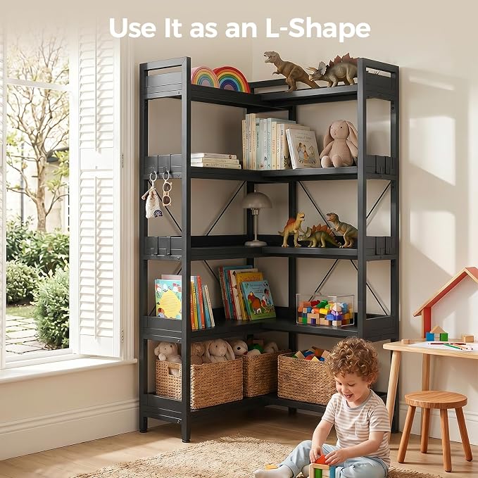 GTPLAYER 5-Tier Corner Bookshelf, L-Shaped Metal Frame Shelf with Tall 14" Shelves, Plant Stand and Storage Rack for Small Spaces, Living Room and Home Office, Black