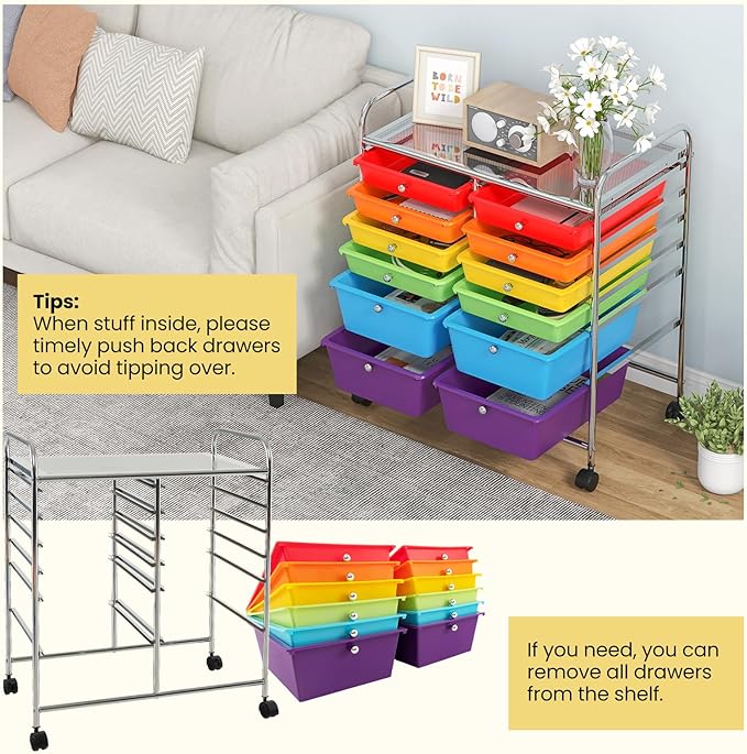 BECOMFORT 12-Drawer Rolling Cart with Drawers, Storage Cart on Wheels, Teacher Classroom Organizers with Metal Frame, Mobile Craft Cart, Trolley Utility Cart for School Office Play Room