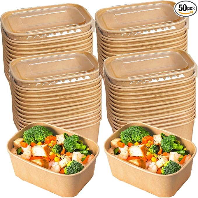 50 Pack 25oz Paper Meal Prep Containers with Lids, Disposable Kraft Food Containers, Stackable Oil-Proof Takeout Salad Bowls for Meal Prep, Picnic, Party Supplies, Microwave Freezer Safe