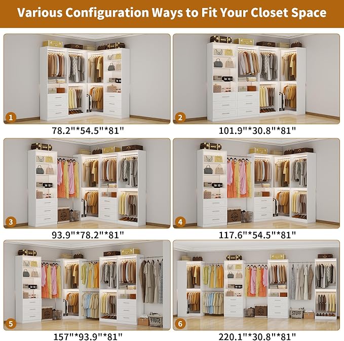 Closet System of 4 Sets with 6 Drawers, 101.9" Walk in Corner Closet System with 9 Hanging Rods & Adjustable Shelves, Custom L-Shaped Modular Closet Organizer System Wood Corner, White