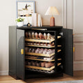 Vlsrka Rotating Shoe Storage Cabinet with Doors and 6 Tier Shelves, Black | Suitable for 18 Pairs Shoe Organizer, Freestanding, Pull Out Shoe Rack, Wooden Entryway Cabinet for Hallway, Closet, Indoor