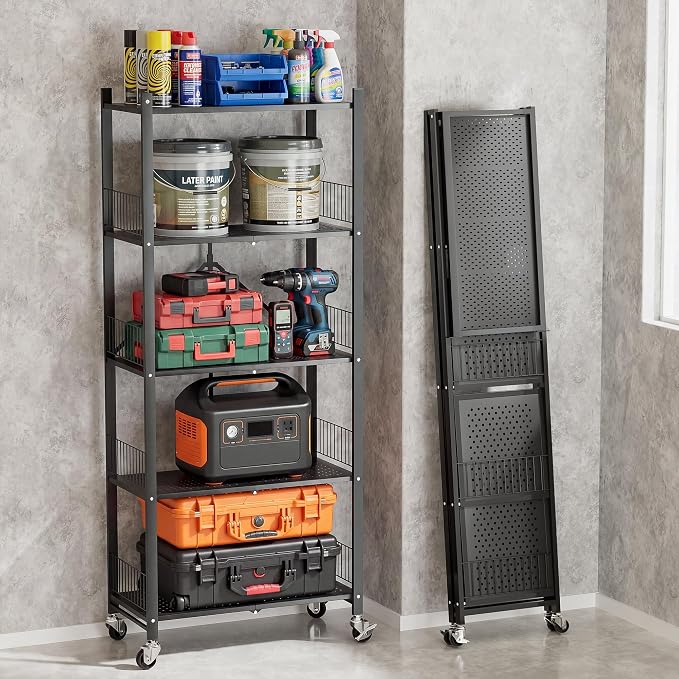 Heavy Duty Folding Shelves No Assembly, 5 Tier Metal Foldable Storage Shelves with Wheels, 220LBS Per Shelf Collapsible Rack for Garage Storage, Black