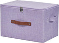 Storage Bins with Zipper Lid Cotton Linen Fabric Lidded Storage Baskets Boxes Foldable Washable Closet Shelf Clothes Organizer Container with PU Leather Handles (Purple, Large)