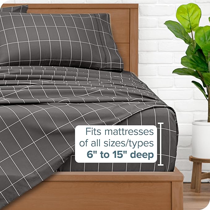 Bare Home Twin Sheet Set - Luxury 1800 Ultra- Soft Double Brushed Microfiber - Deep Pockets - Easy Fit - 3 Piece Bedding Sheet Set (Twin, Grid - Grey/White)