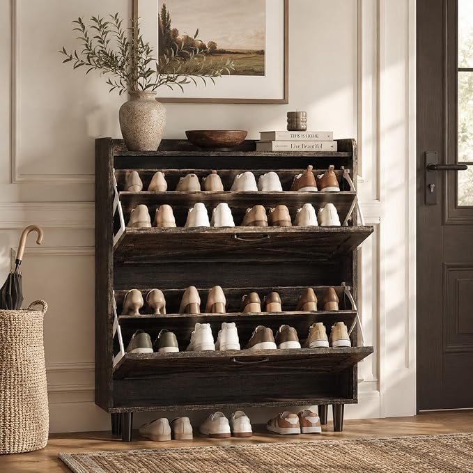 VINGLI Shoe Storage Cabinet for Entryway with 2 Flip Drawers, Ultra Slim Freestanding Entryway Shoe Organizer with Wood Tapered Legs,Hidden Closed Shoe Rack,31.6"W * 9.4"D * 39.4"H, Dark Rustic Oak