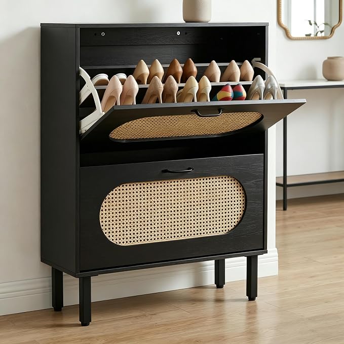 SUNCROWN Shoe Storage Cabinet with 2 Flip Drawers, Freestanding Narrow Shoe Rack Organizer for Entryway, Natural Semi-Circular Rattan Doors with Adjustable Shelves, Black