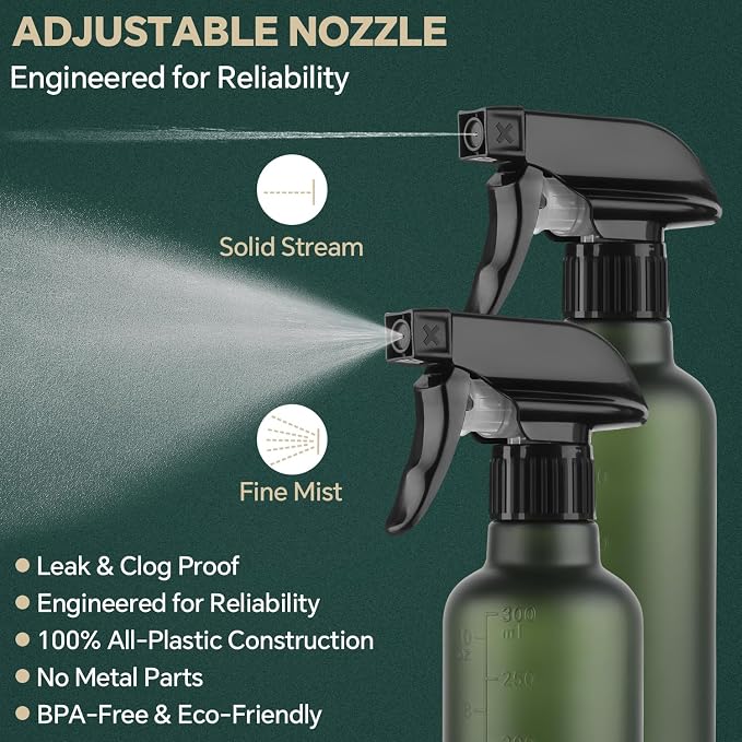 Leakproof Spray Bottles (2 Pack 10 oz), Adjustable Fine Mist & Jet Stream Nozzle, Premium BPA-Free Frosted Plastic Multi-Purpose for Hair, Plants, Cleaning (2 PACK FROSTED GREEN)