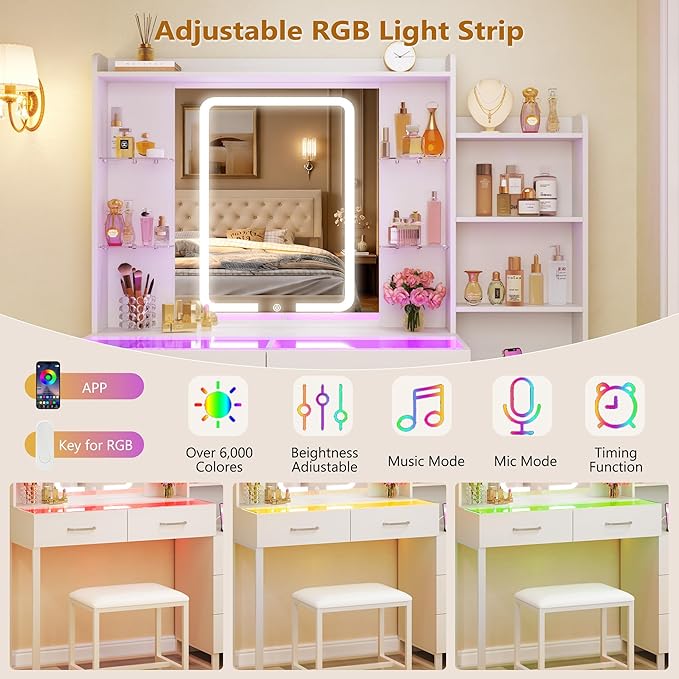 HUAHUU Vanity Desk with Mirror and Lights 3 Colors, 43.3" Makeup Vanity with Glass Top & RGB Light, White Vanity Table Set with Stool, 5 Drawers & Power Outlet for Bedroom Dressing Room