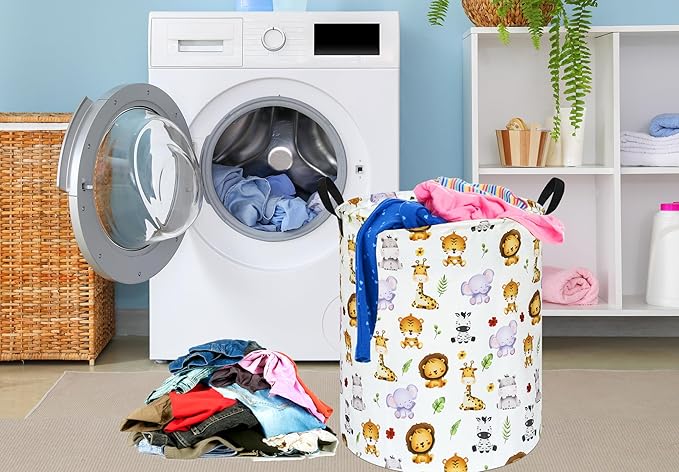 KUNRO Round Tiger Animals Laundry Gift Basket Storage Hamper, Clothes Storage Organizer Bins, Shelf Basket with Handles for Room Decor