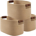 ECDYQXVU 15x10x9 Woven Cotton Rope Storage Basket, Leather Handles 3 Pack | Foldable Design, Sturdy PU Handles, Easy to Clean Organizer for Living Room, Closet, Shelves, Bedroom, Laundry, Clothes